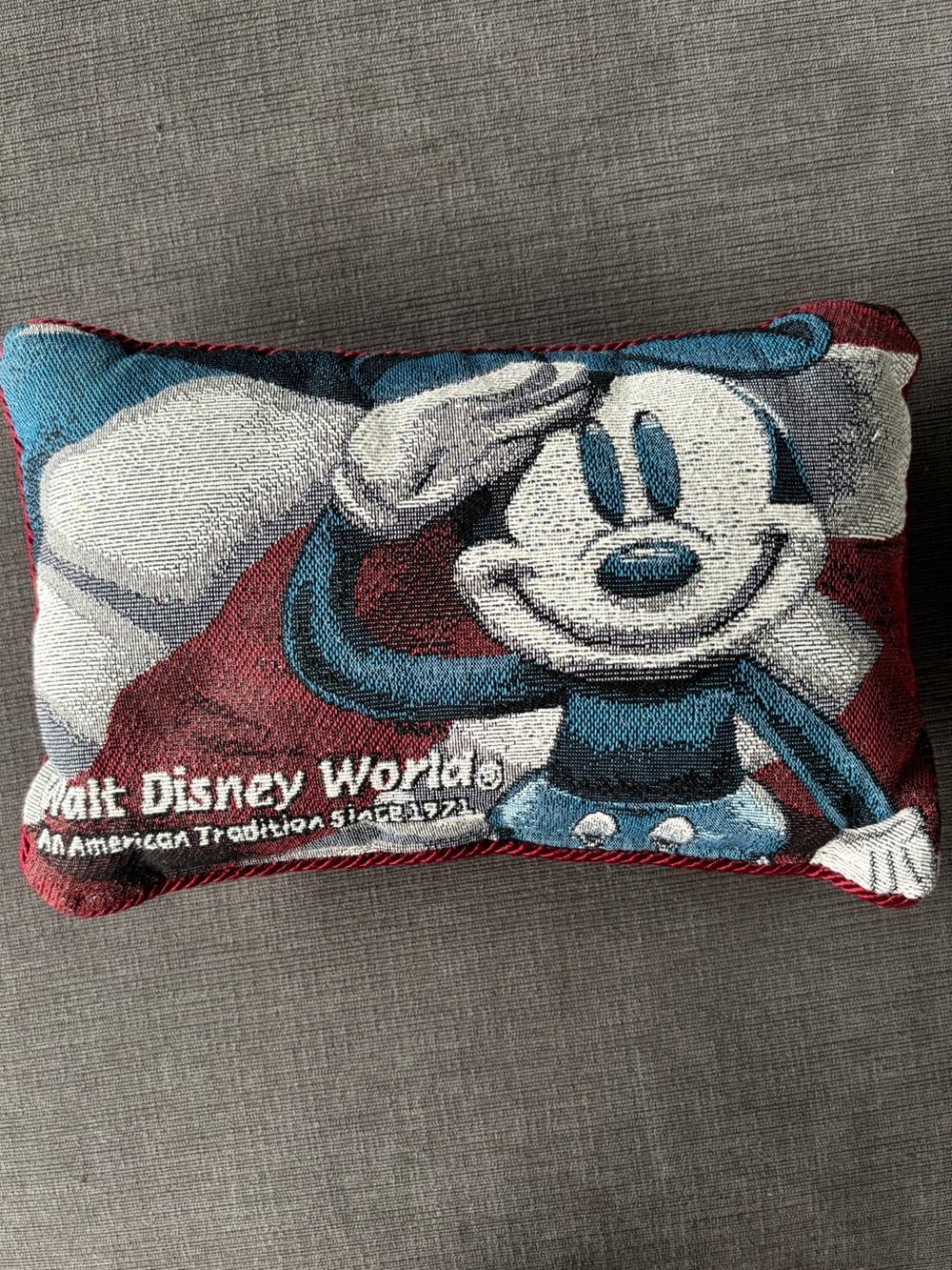 Vintage Walt Disney World Woven Tapestry Mickey Mouse Saluting Throw Pillow 1971